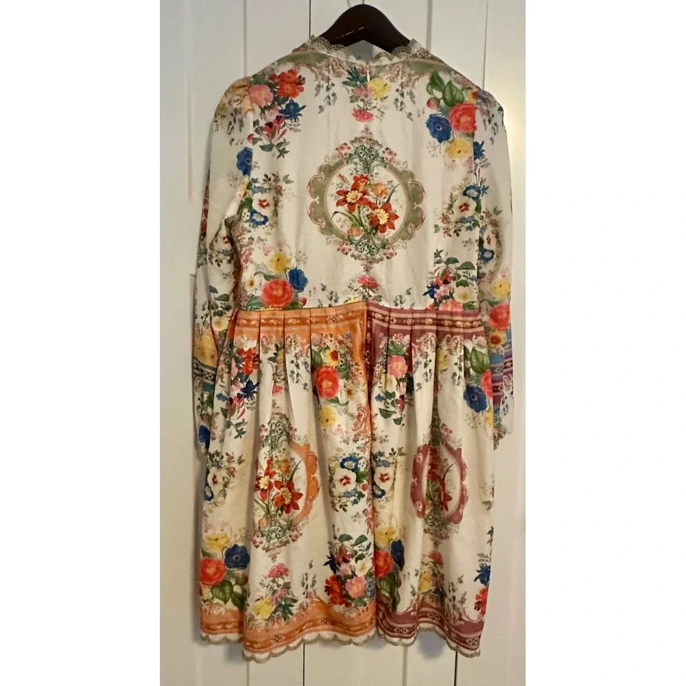 Dalia MacPhee Womens Floral Print Gold Lace Trim Long Sleeve Mini Dress Large - Picture 3 of 4